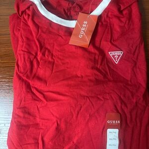 GUESS Red Tee with White Crew Trim and Triangle Logo